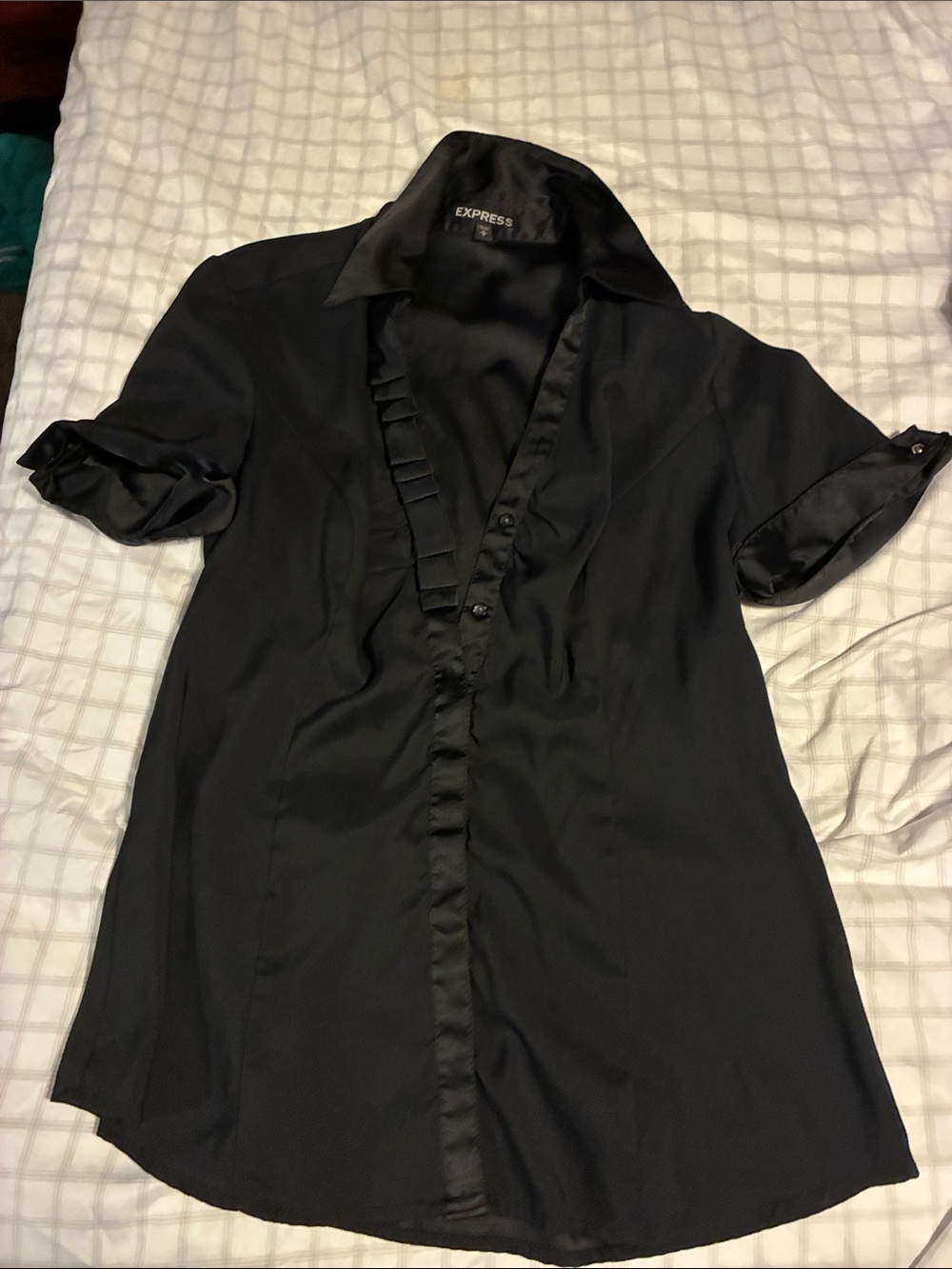 Express Black Satin-Trim Ruffle Button Front Top
